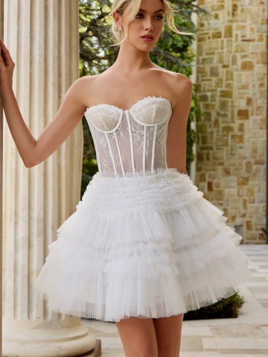 Jovani Dresses & Skirts - Jovani White Strapless Lace Corset Tulle mini bridal Dress
